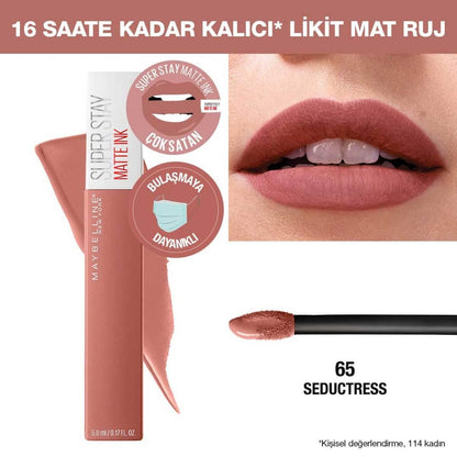 Rouge à lèvres liquide Super Stay Matte Ink de Maybelline New York - Longue tenue, fini mat, sans transfert, 65 Seductress