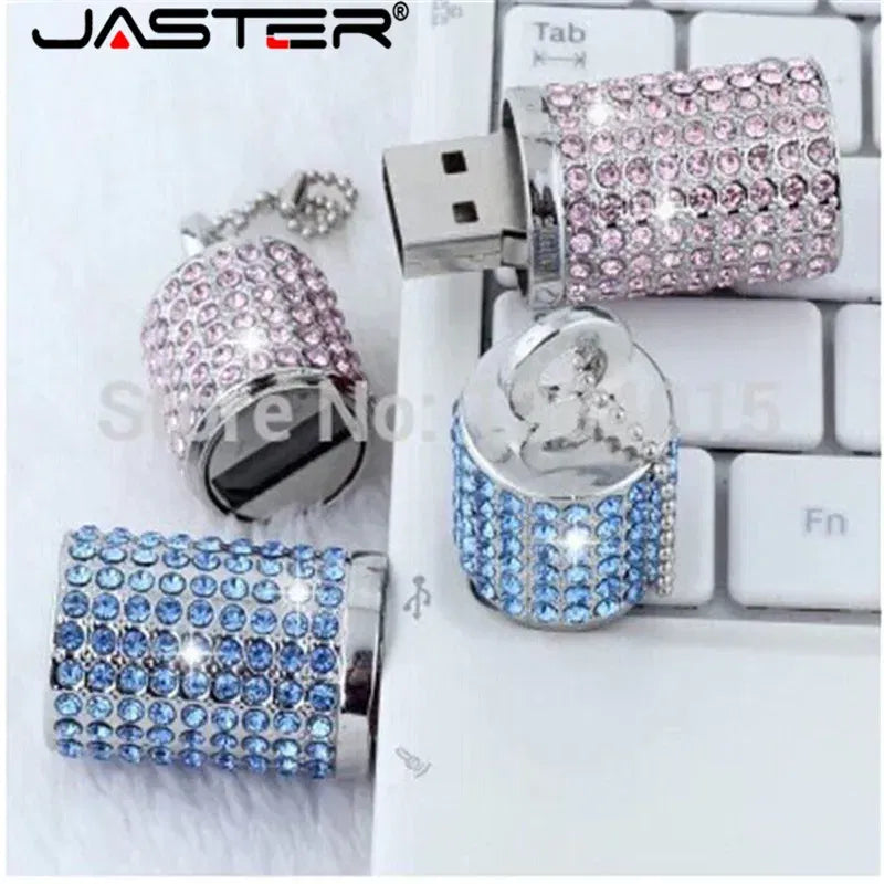 Color: Pink, Capacity: 64GB - JASTER Crystal cylindrical USB Flash Drive  fashion metal diamond pen driveu disk pendrive 4GB 8GB 16GB 32GB 64GB memory stick