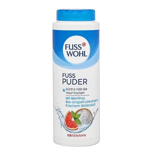 Polvos para pies veganos Fusswohl con mentol y pomelo: cuidado refrescante, antitranspirante y natural para pies sudorosos