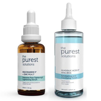 Set de cuidado de la piel The Purest Solutions - Minimiza poros, aclara y exfolia para un tono de piel desigual - Sérum de niacinamida y tónico de ácido glicólico