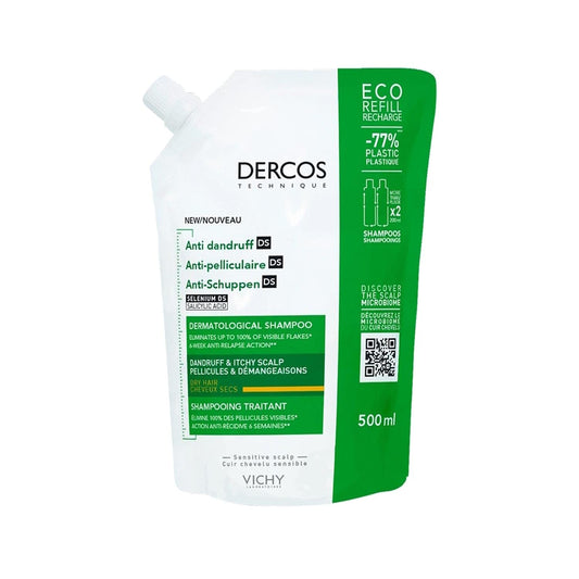 Shampooing antipelliculaire Vichy Dercos pour cheveux secs - 500 ml, doux et nourrissant, réduit les pellicules et apaise les irritations du cuir chevelu