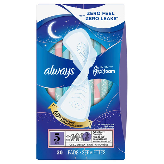 Always Infinity FlexFoam Pads, Size 5 Extra Heavy Overnight 3 Packs of 30 Feminine Pads & Protectors Pasteur Pharmacy