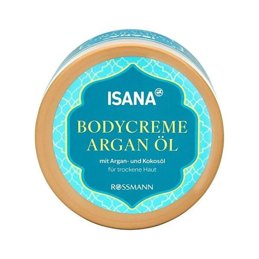 Crema corporal de aceite de argán Isana: Loción corporal vegana profundamente hidratante con coco y manteca de karité para piel seca - Hidratante, dermatológicamente probada