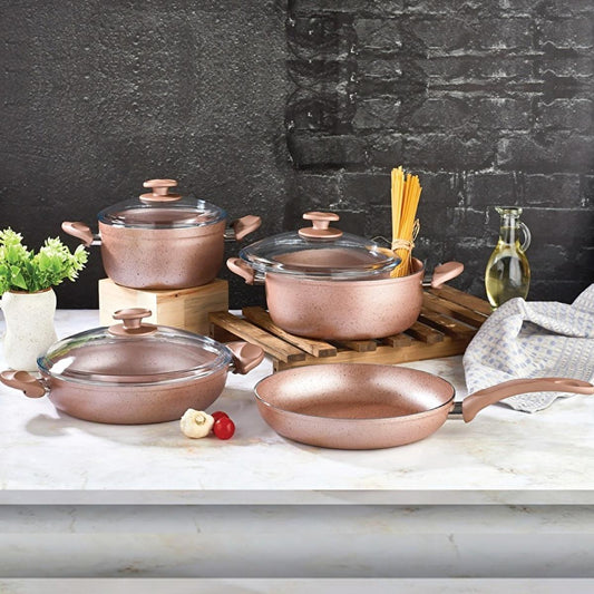 Papilla Pink Tuscany 7-Piece Non-Stick Cookware Set - Durable Aluminium Pots and Pans with Ergonomic Design