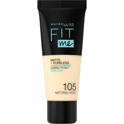 Base de maquillaje líquida Maybelline Fit Me Matte + Poreless - 105 Natural Ivory: Controla el brillo, minimiza los poros, acabado natural