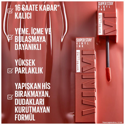 Rouge à lèvres liquide Maybelline New York Super Stay Vinyl Ink - Couleur longue tenue, fini ultra-brillant, 16h de tenue