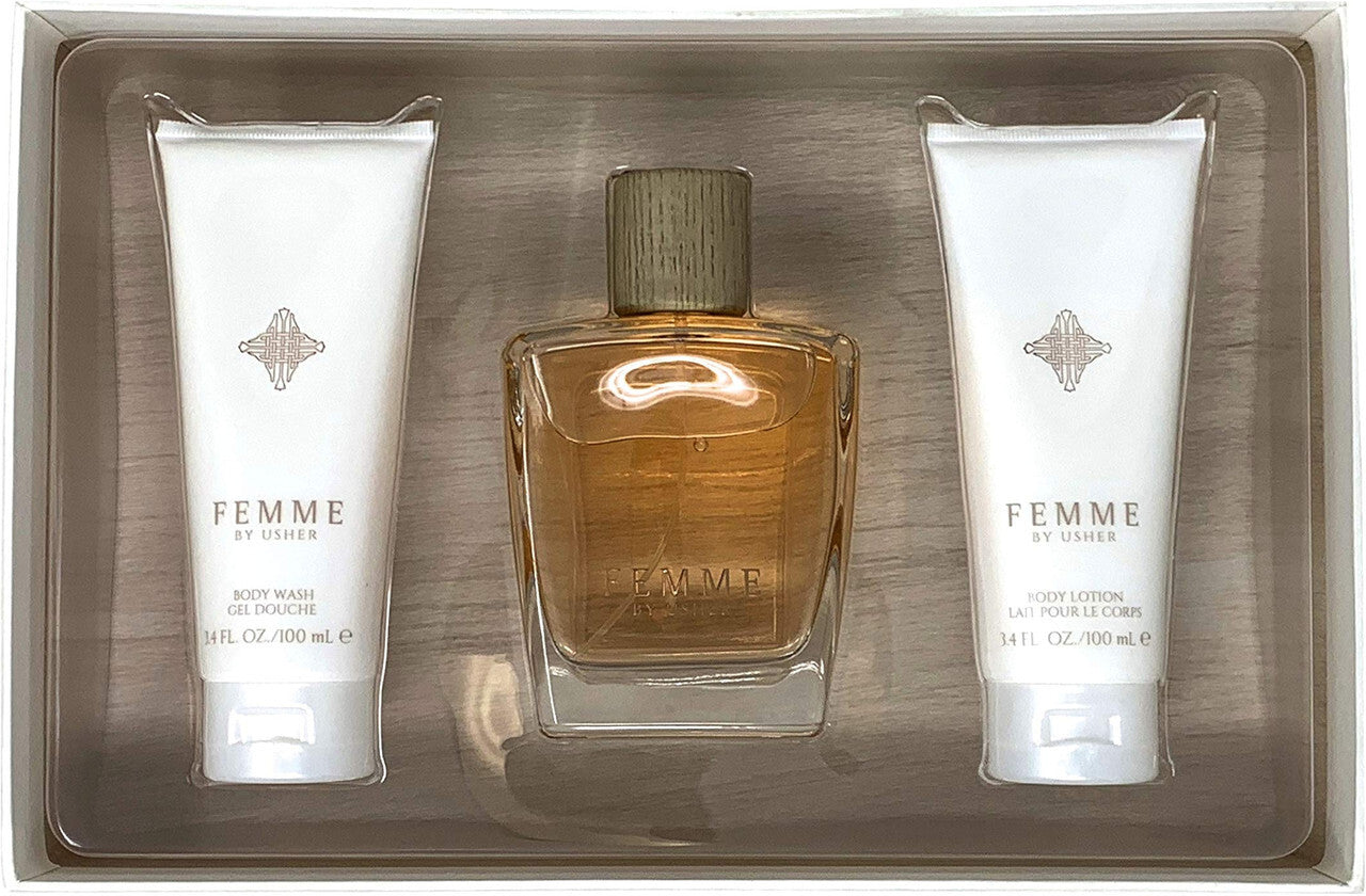 USHER FEMME 3 PCS SET: 3.4 EAU DE PARFUM SPRAY + 3.4 SHOWER GEL + 3.4 BODY LOTION WOMEN Fragrant Nest