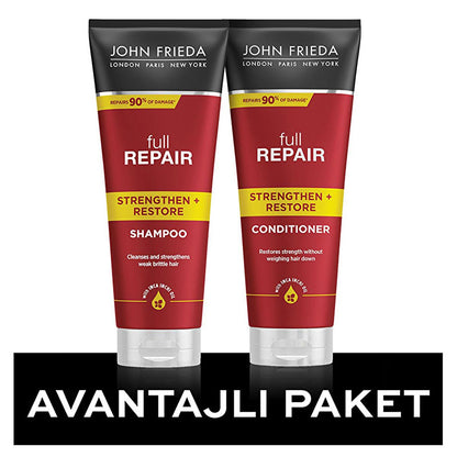 John Frieda Full Repair : Shampoing & Après-shampoing à l'huile d'Inca Inchi - Fortifie, répare les cheveux abîmés et colorés, prévient la casse et les fourches