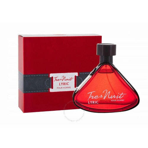 Red perfume bottle with black cap labeled 'Fres Nuit Lyric' on a white background