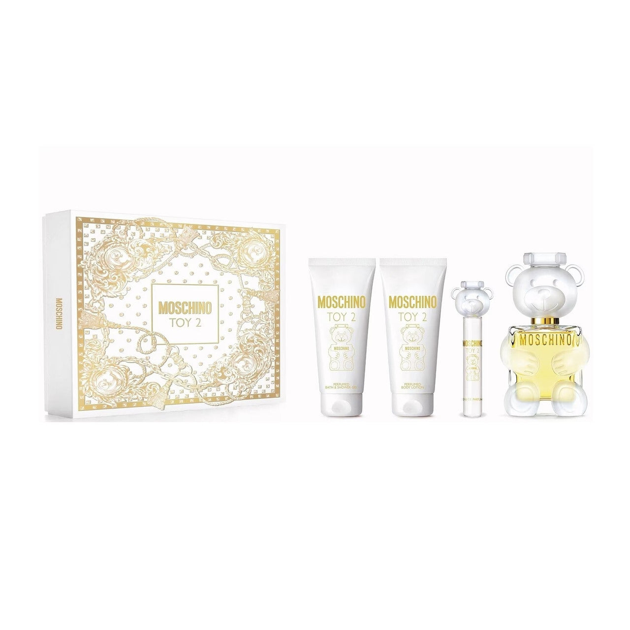 MOSCHINO TOY 2 4 PCS SET FOR WOMEN: 3.4 EAU DE PARFUM SPRAY + 0.34 EAU DE PARFUM SPRAY + 3.4 BATH & SHOWER GEL + 3.4 BODY LOTION WOMEN Fragrant Nest