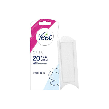 Bandes de cire visage Veet Pure pour peaux sensibles - Épilation hypoallergénique pour le visage, technologie Easy-Gelwax, 20 bandes et 4 lingettes