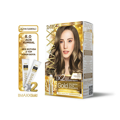 Tinte para el cabello Maxx Deluxe Golden Beauty 8.0 Rubio Ceniza Claro: Infusionado con oro de 24K para un color y brillo vibrante y duradero.