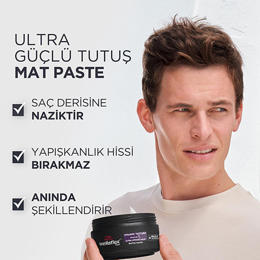 Pâte mate Wella Wellaflex Men Dynamic Texture - Cire capillaire fixation ultra forte | 75 ml