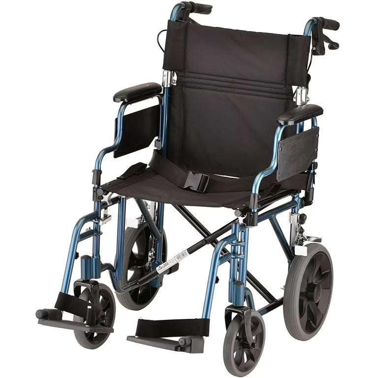 NOVA Lightweight Transport Wheelchair, 12" Rear Wheels, Removable Flip-Up Arms, Anti-Tippers Included, Blue Shower Arms & Connectors Pasteur Pharmacy
