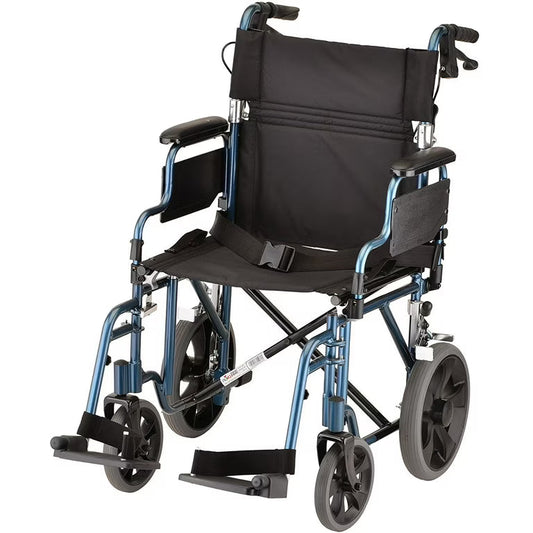NOVA Lightweight Transport Wheelchair, 12" Rear Wheels, Removable Flip-Up Arms, Anti-Tippers Included, Blue Shower Arms & Connectors Pasteur Pharmacy