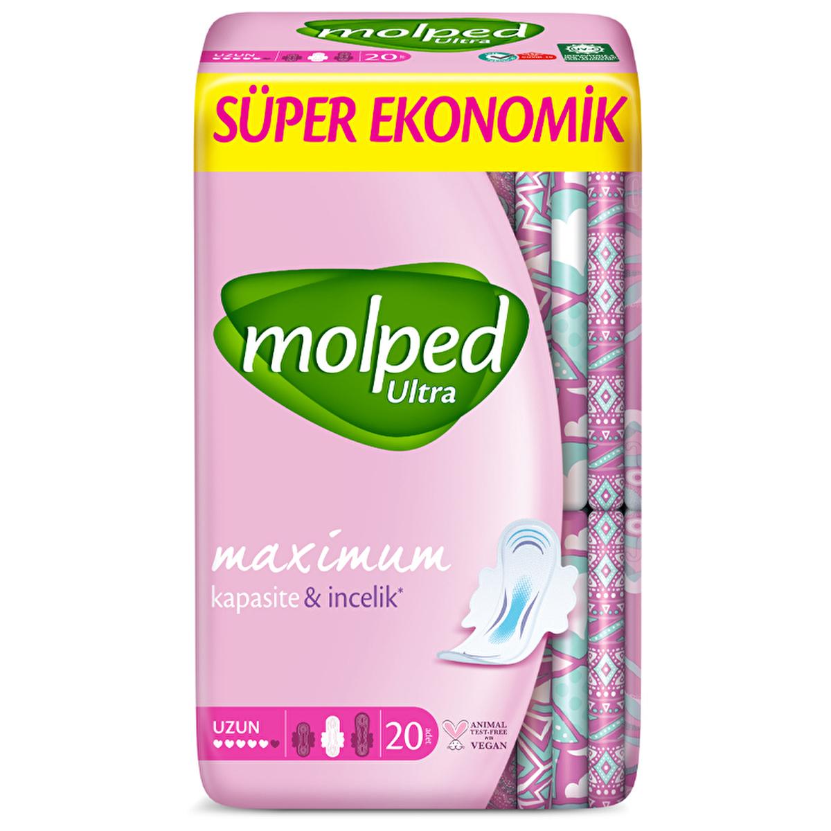 Molped Ultra Absorbent Long Hygienic Pads: Super Economy 20-Count Pack | Cottony Soft, Hypoallergenic Feminine Hygiene for Maximum Dryness & Comfort