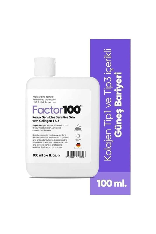 FACTOR100 Sunscreen SPF 50+ for Sensitive Skin - 100ml Broad Spectrum UV Protection Sun Cream