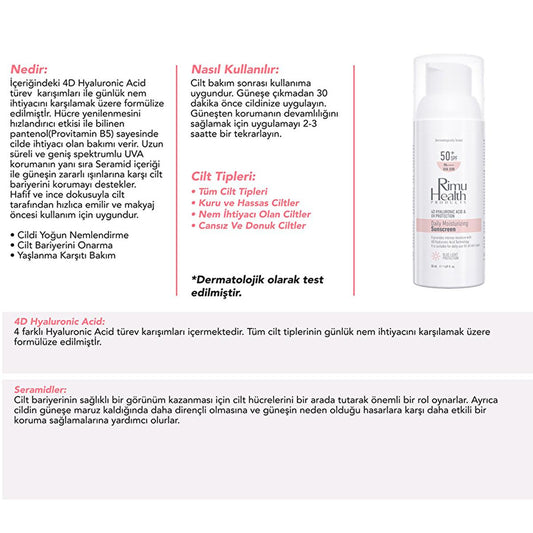 Rimu Health Hyaluronic Acid Daily Sunscreen - SPF UVA/UVB Protection, Lightweight, Moisturizing, Sensitive Skin - 50ml