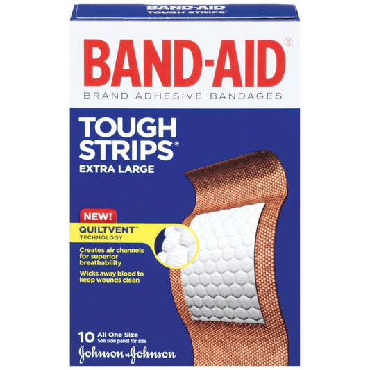 Band-Aid Brand Extra Large Tough StripsAll One Size Adhesive Bandages 10 Ct Box First Aid Pasteur Pharmacy