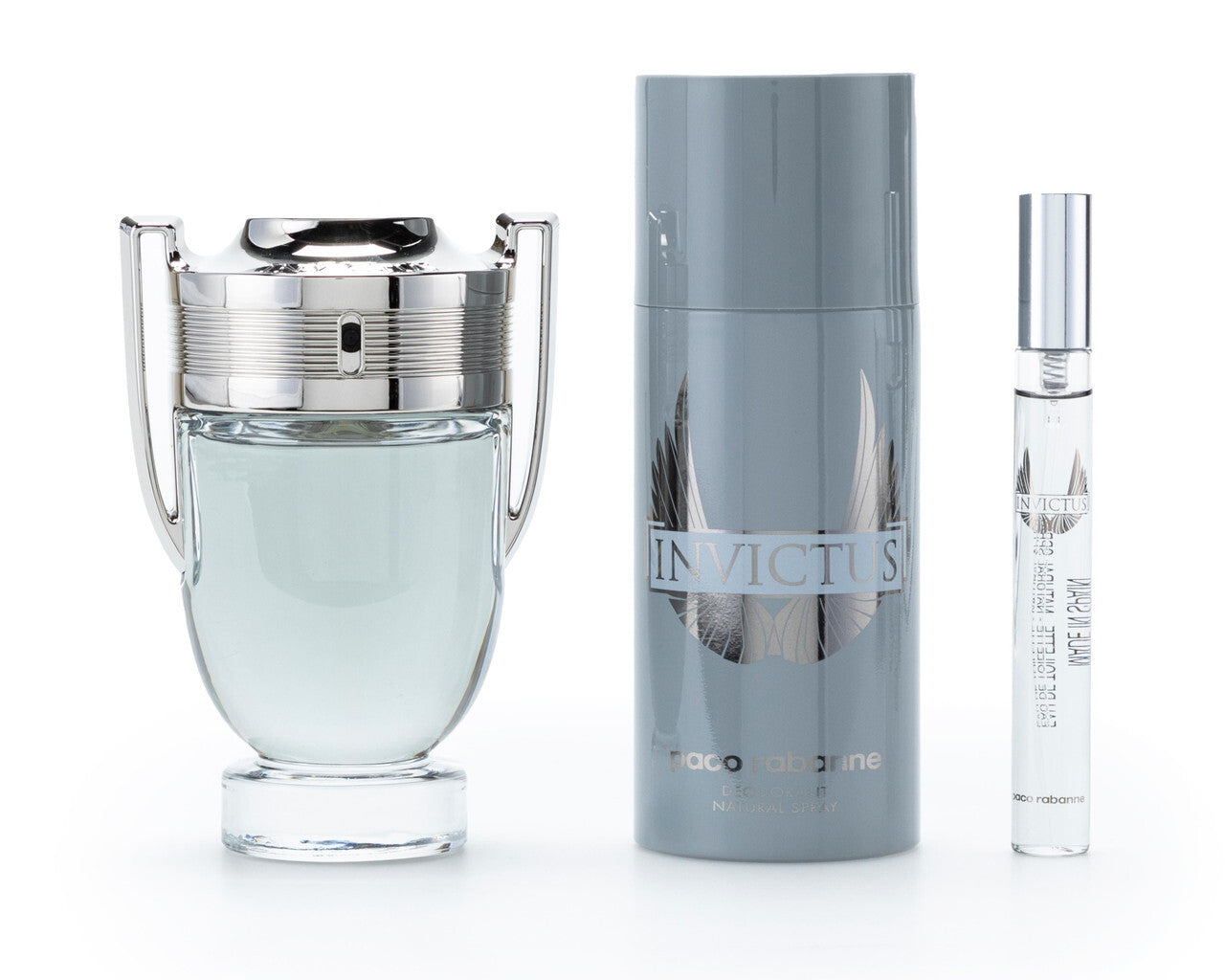 PACO RABANNE INVICTUS 3 PCS SET FOR MEN: 3.4 EAU DE TOILETTE SPRAY + 5.1 DEODORANT SPRAY + 0.34 EAU DE TOILETTE SPRAY. Men Fragrant Nest