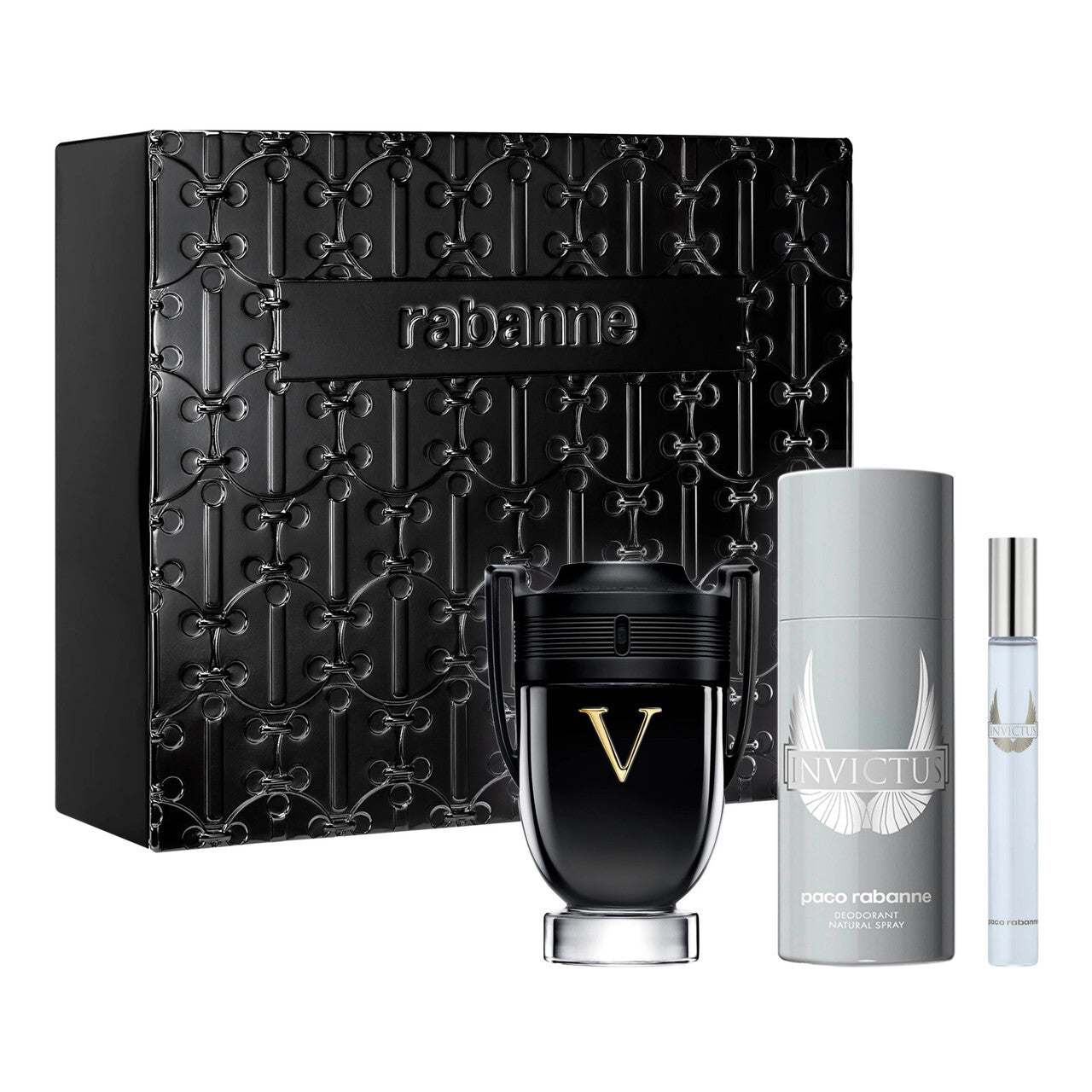 PACO RABANNE INVICTUS VICTORY 3 PCS SET FOR MEN: 3.4 EAU DE PARFUM + 5 OZ DEODORANT SPRAY + 0.34 EAU DE PARFUM (METAL) Men Fragrant Nest