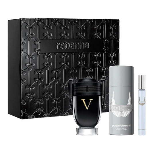 PACO RABANNE INVICTUS VICTORY 3 PCS SET FOR MEN: 3.4 EAU DE PARFUM + 5 OZ DEODORANT SPRAY + 0.34 EAU DE PARFUM (METAL) Men Fragrant Nest