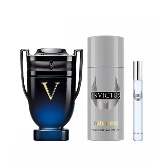 PACO RABANNE INVICTUS VICTORY ELIXIR 3 PCS SET FOR MEN: 3.4 PARFUM SPRAY + 0.33 PARFUM SPRAY + 150ML DEODORANT SPRAY MEN Fragrant Nest
