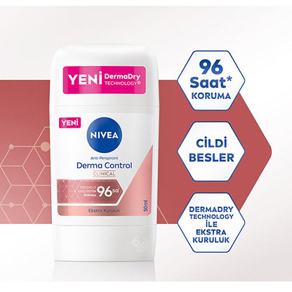 Desodorante en barra Nivea Derma Control Clinical para mujer - Protección antitranspirante de larga duración, 50ml
