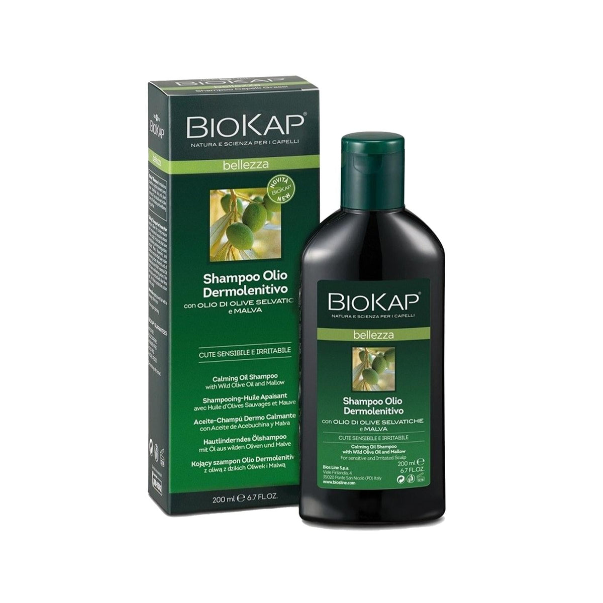 Shampooing Biokap Bellezza à l'huile d'olive - Soin nourrissant et apaisant pour cheveux secs et abîmés - 200 ml