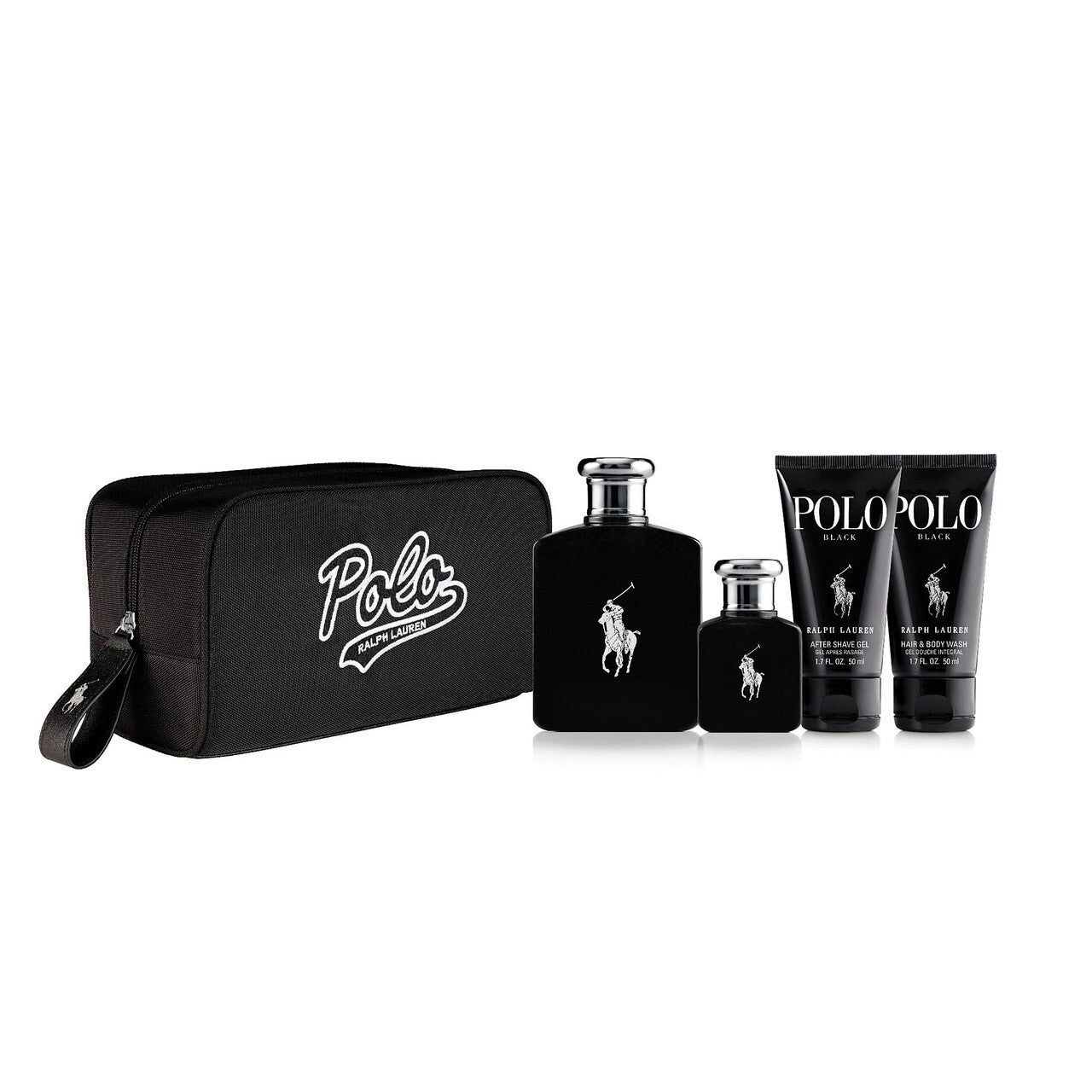 POLO BLACK 5 PCS SET: 4.2 EAU DE TOILETTE SPRAY + 1.36 EAU DE TOILETTE SPRAY + 1.7 AFTER SHAVE GEL + 1.7 BODY WASH + TRAVEL KIT Men Fragrant Nest