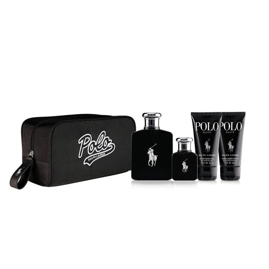 POLO BLACK 5 PCS SET: 4.2 EAU DE TOILETTE SPRAY + 1.36 EAU DE TOILETTE SPRAY + 1.7 AFTER SHAVE GEL + 1.7 BODY WASH + TRAVEL KIT Men Fragrant Nest