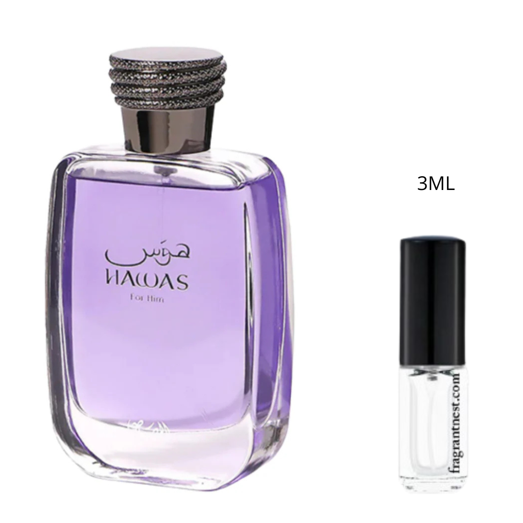 Rasasi Hawas Eau De Parfum Travel Spray | Sample Fragrant Nest 3mL Glass Spray (45 Sprays)