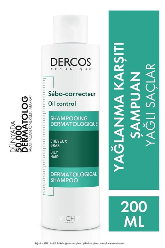 Shampooing Vichy Dercos Oil Control - Shampooing antipelliculaire dermatologique pour cheveux gras, sans paraben, 200 ml