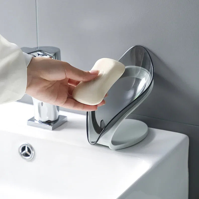 Color: plum - Bathroom Soap Holder Leaf Shape Dish Soap Kitchen Sponge Soap Box Storage Non-slip Drain Soap Case Container Bathroom accessorie