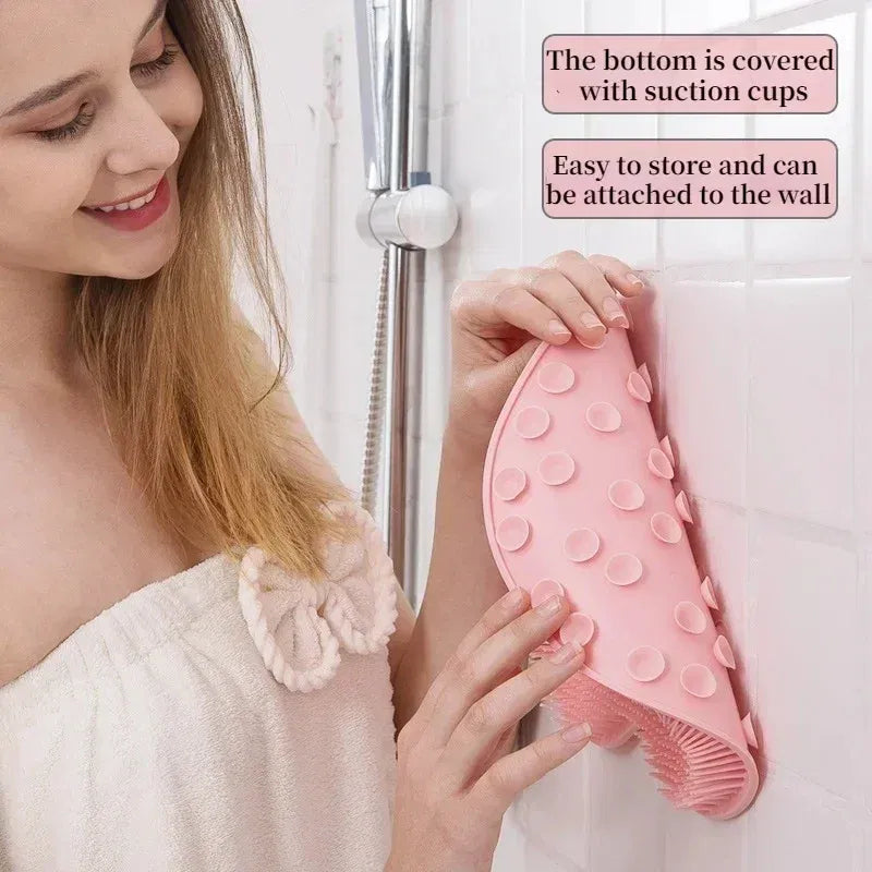 Color: Pink - Non-slip Shower Mat Silicone Massage Wash Foot Pad Bath Massage Brush Pad Bathroom Rub Back Brush with Sucker Cleaning Tools