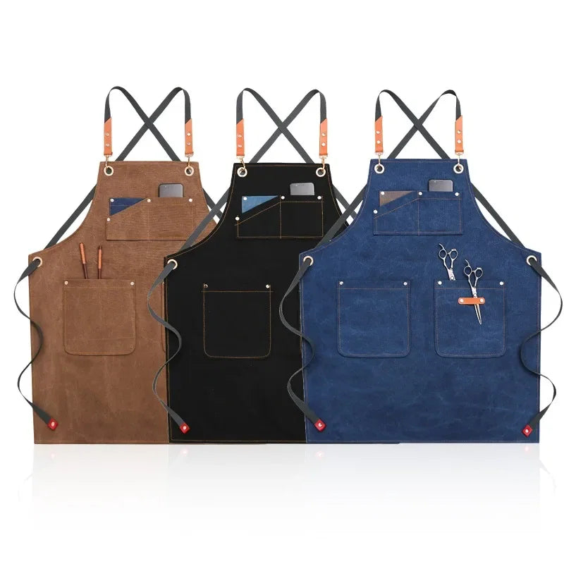 Color: Yellow - Apron Men Women Aprons W/ Large Pockets Cooking Aprons, Canvas Cross Back Apron Adjustable Strap Baker Apron Kitchen Baking Bib