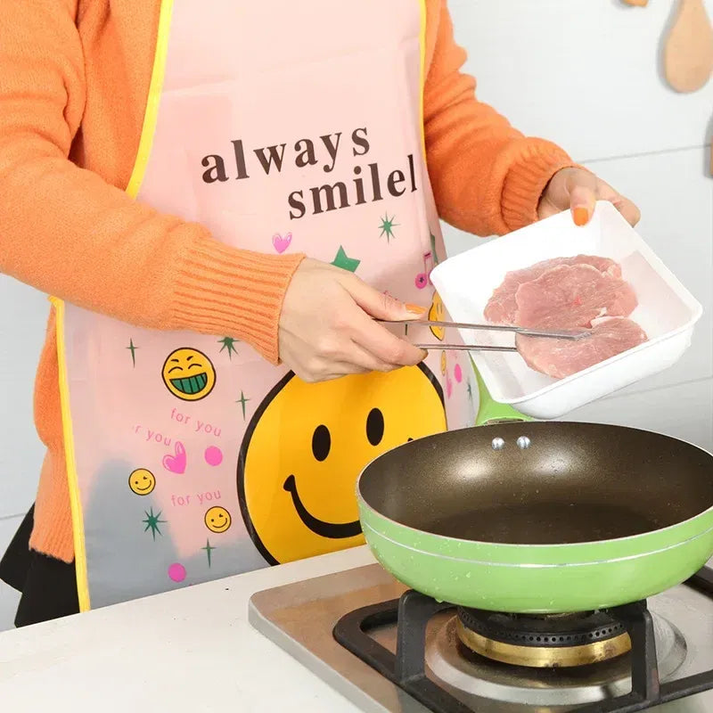 Color: Light Grey - 70x50cm Cute Kitchen Household Adult Antifouling Apron Sleeveless Waterproof PVC Cartoon Printed Women Aprons Cleaning Accessory