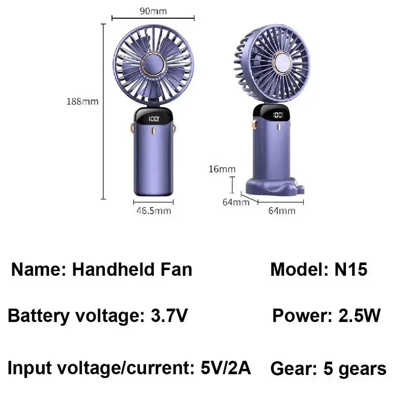 Color: Navy - Handheld Mini Fan 3000mAh Foldable Portable Neck Hanging Fans 5 Speed USB Rechargeable Fan with Phone Stand and Display Screen