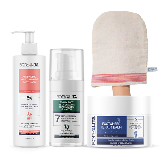 BodyLita Body & Foot Care Routine Set, Anti-Aging Body Wash + Foot Shampoo + Heel Repair Balm Bundle