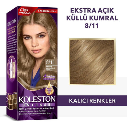 Coloration capillaire Wella Koleston Intense 8/11 : Blond cendré très clair, couverture à 100 % des cheveux blancs, couleur longue tenue à l'huile d'argan