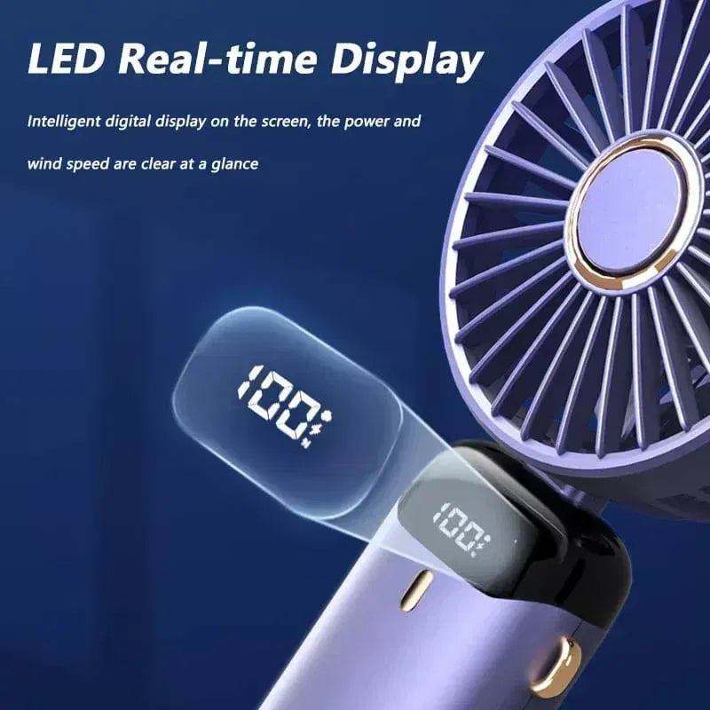 Color: Navy - Handheld Mini Fan 3000mAh Foldable Portable Neck Hanging Fans 5 Speed USB Rechargeable Fan with Phone Stand and Display Screen