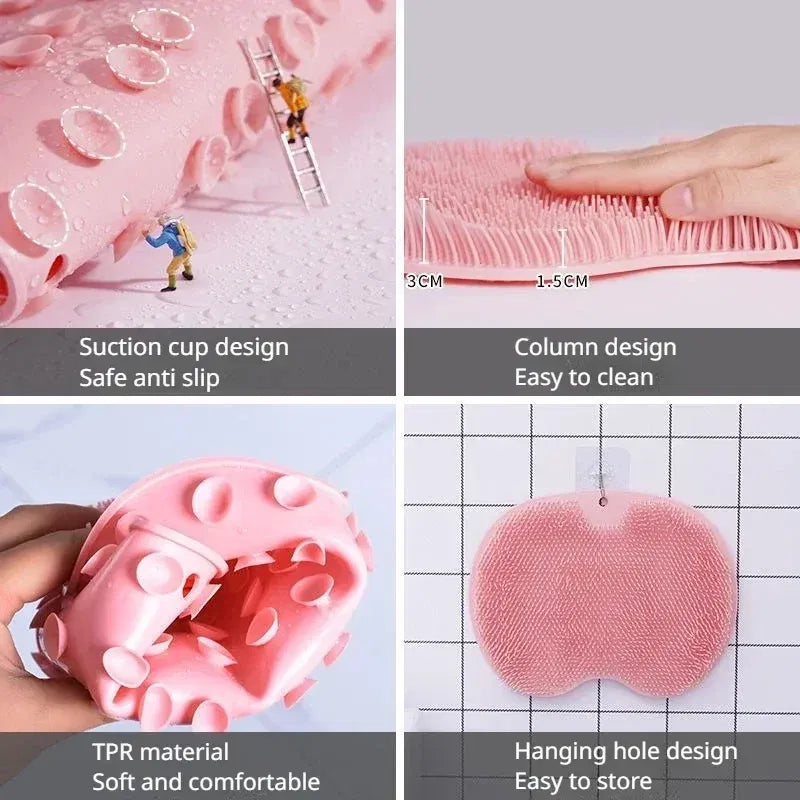 Color: Pink - Non-slip Shower Mat Silicone Massage Wash Foot Pad Bath Massage Brush Pad Bathroom Rub Back Brush with Sucker Cleaning Tools