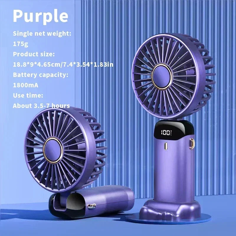 Color: Dark Green - Handheld Mini Fan 3000mAh Foldable Portable Neck Hanging Fans 5 Speed USB Rechargeable Fan with Phone Stand and Display Screen