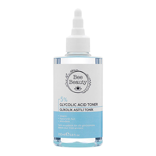 Tonique à l'acide glycolique 5% Bee Beauty pour l'exfoliation et l'hydratation - 200 ml, soin naturel pour la peau aux AHA, BHA et acide hyaluronique