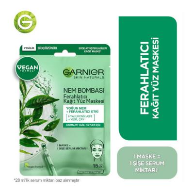 Mascarilla facial hidratante Garnier con ácido hialurónico y té verde: mascarilla en tejido refrescante para piel mixta y grasa