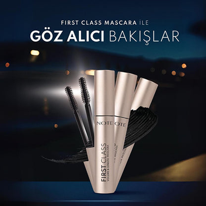 Máscara Note First Class: Volumen y longitud extremos - Máscara negra resistente a manchas y de larga duración para un realce espectacular de las pestañas
