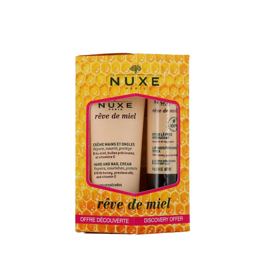 Nuxe Rêve de Miel : Coffret crème mains hydratante et baume lèvres nourrissant pour peaux sèches et lèvres gercées - Soin au miel