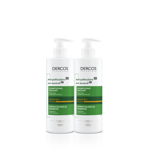 Shampooing antipelliculaire Vichy Dercos pour cheveux secs - 2 x 390 ml - Soin doux et traitement antipelliculaire efficace