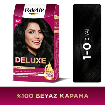 Palette Deluxe: Tinte para el cabello negro intenso 1-0 - Color de larga duración, acondicionamiento profundo con microaceites, coloración permanente para el hogar