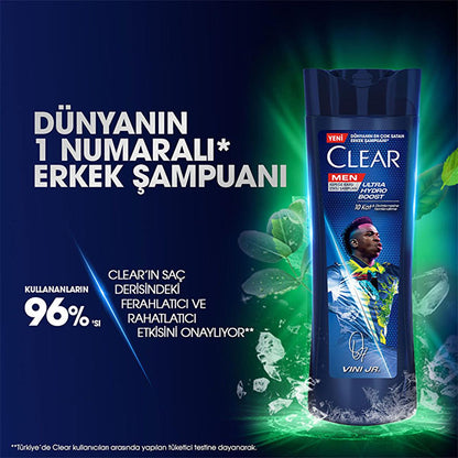 Champú anticaspa Clear Men Vin’cius Jœnior: Ultra Hydro Boost para hombre - 10 veces más hidratación profunda, eucalipto y madera de cedro, combate la sequedad del cuero cabelludo y la caspa